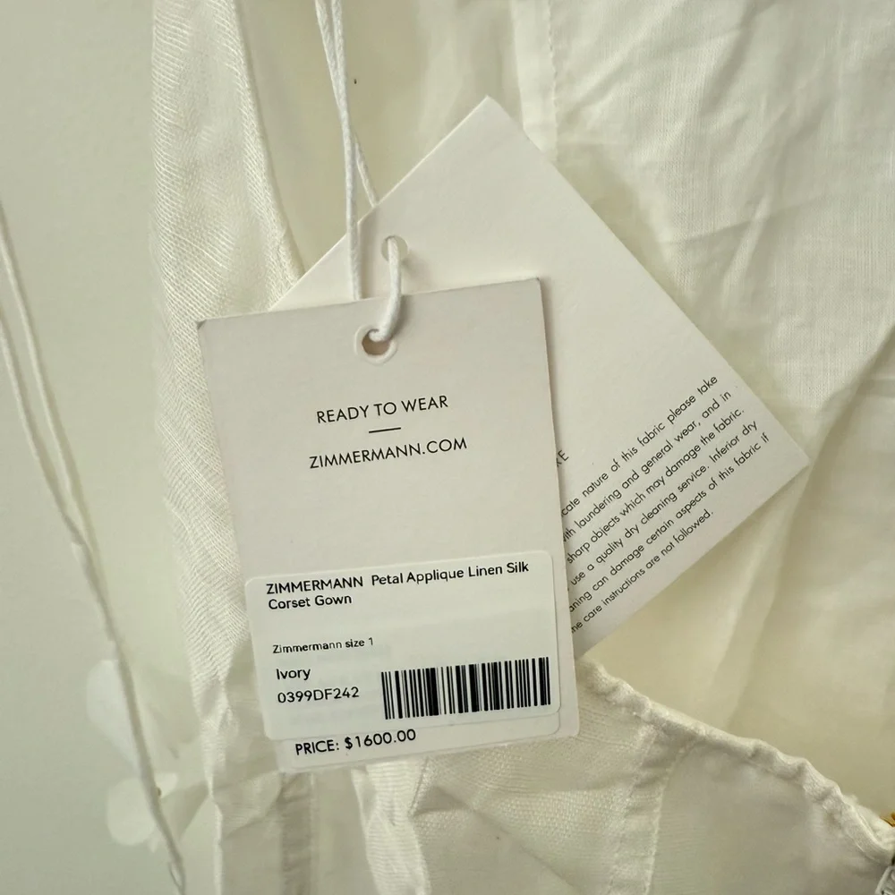 NWT ZIMMERMANN Petal Appliqué Linen Silk Corset Gown White Midi Dress Size 1 - Picture 10 of 16